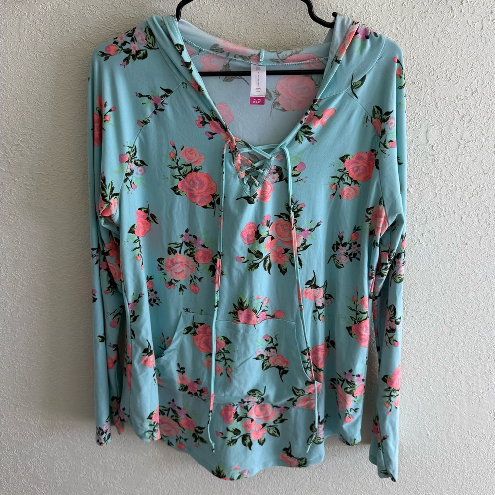 No Boundaries Blue Hoodie with Pink Floral Design